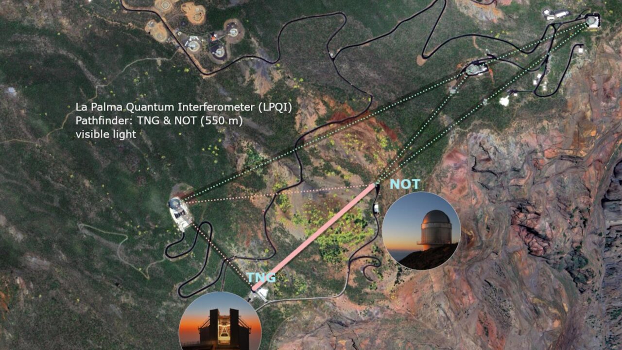 Satellitenbild des Observatoriums "Roque de los Muchachos" auf La Palma, das die Anordnung der beiden optischen Teleskope des LPQI-Pathfinder zeigt