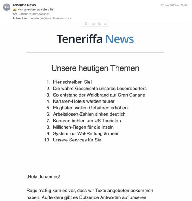 Teneriffa news Newsletter Beispiel