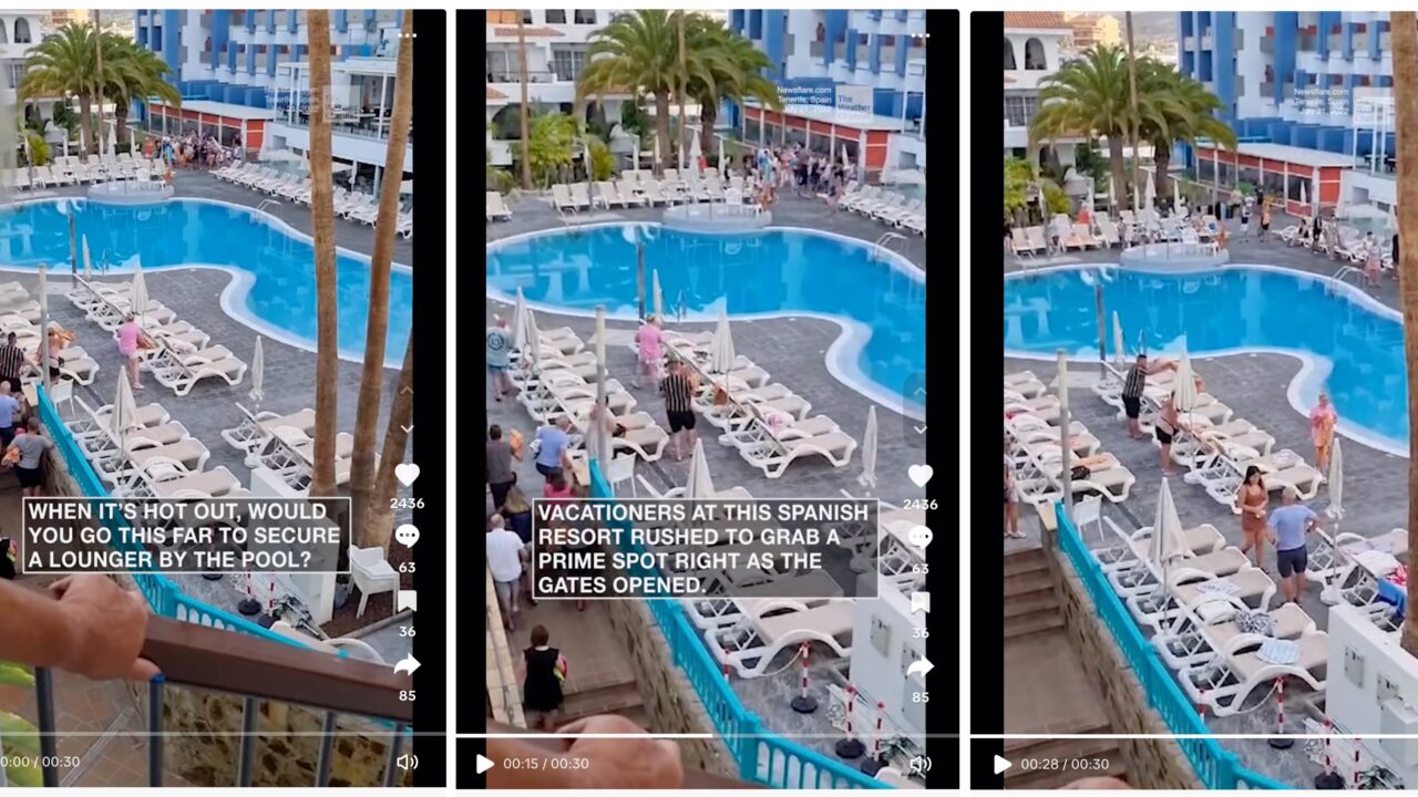 Irrer Handtuch-Wettlauf um Pool-Liegen auf Teneriffa