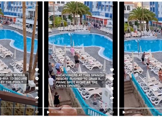 Irrer Handtuch-Wettlauf um Pool-Liegen auf Teneriffa
