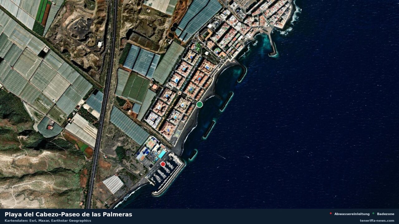Satellitenbild der Playa del Cabezo-Paseo de las Palmeras in Güímar, dazu die Lage der nächsten Abwassereinleitung in 443 Metern.