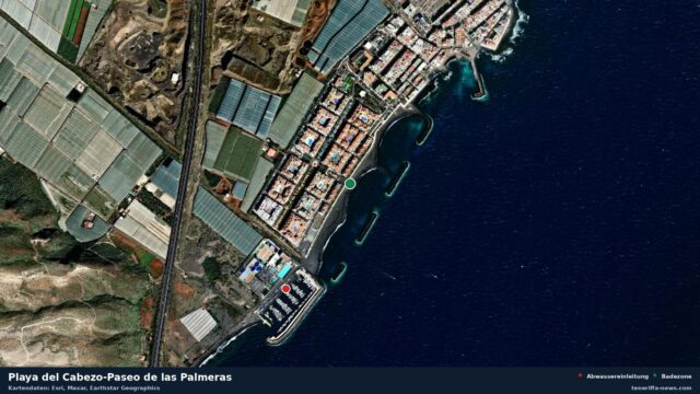 Satellitenbild der Playa del Cabezo-Paseo de las Palmeras in Güímar, dazu die Lage der nächsten Abwassereinleitung in 443 Metern.