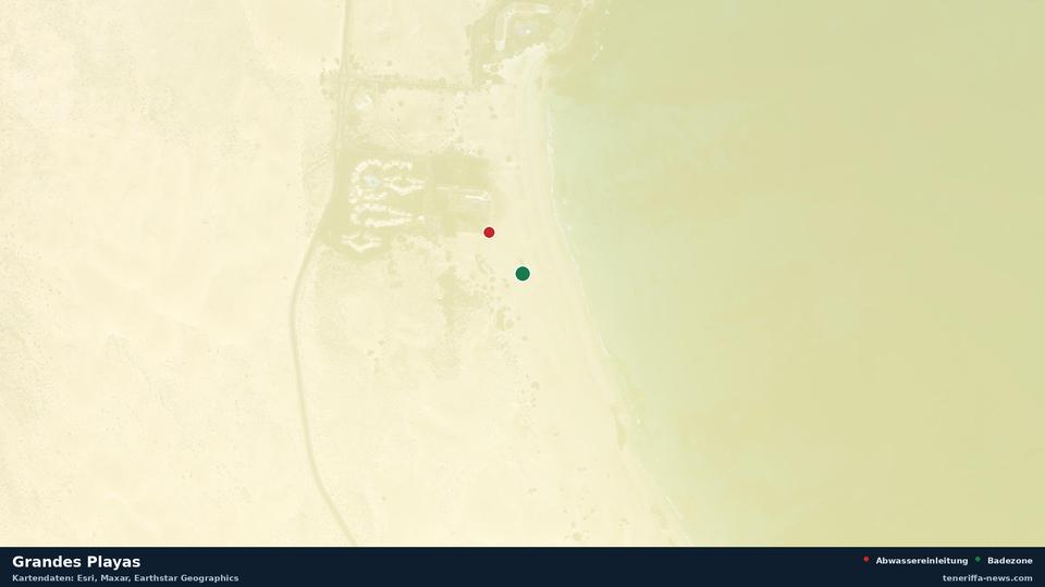 Satellite image of Grandes Playas in La Oliva, with the position of the nearest wastewater outfall 127 metres away.