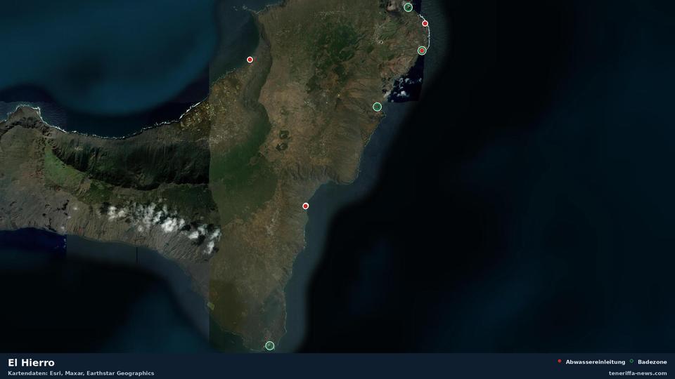 Mapa por satélite de El Hierro con 4 zonas de baño oficiales y 5 vertidos de aguas residuales