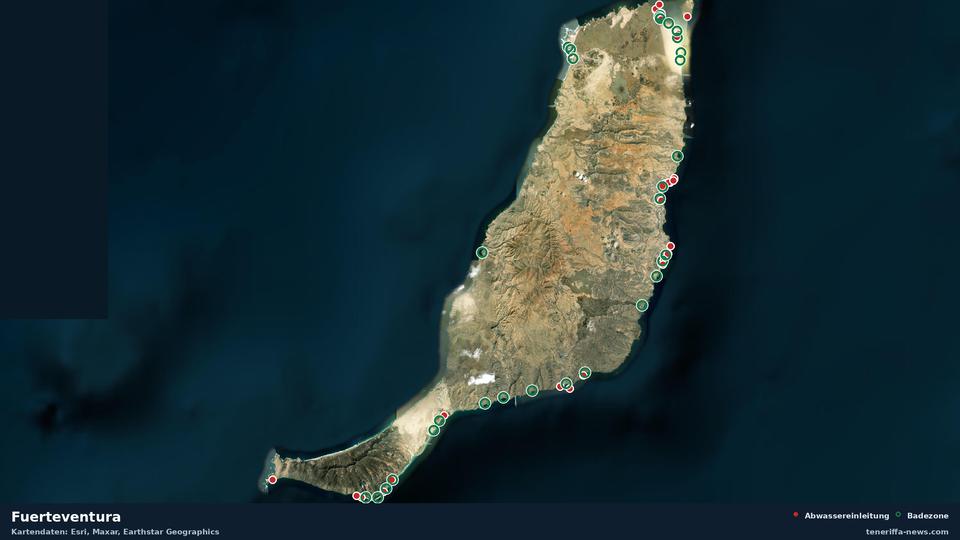 Mapa por satélite de Fuerteventura con 30 zonas de baño oficiales y 40 vertidos de aguas residuales
