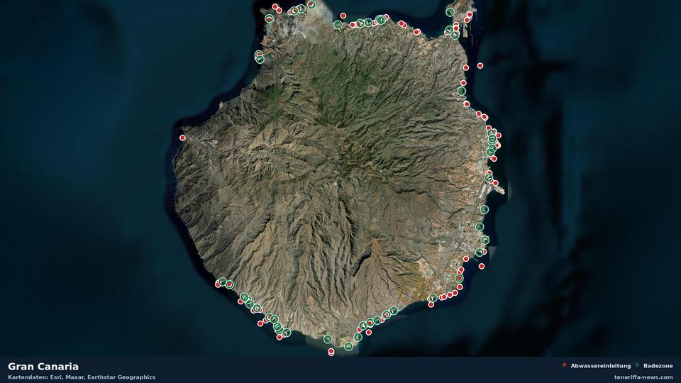 Mapa por satélite de Gran Canaria con 49 zonas de baño oficiales y 115 vertidos de aguas residuales