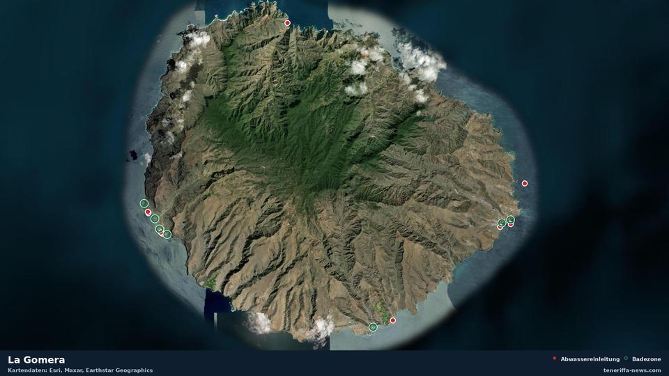 Mapa por satélite de La Gomera con 7 zonas de baño oficiales y 10 vertidos de aguas residuales