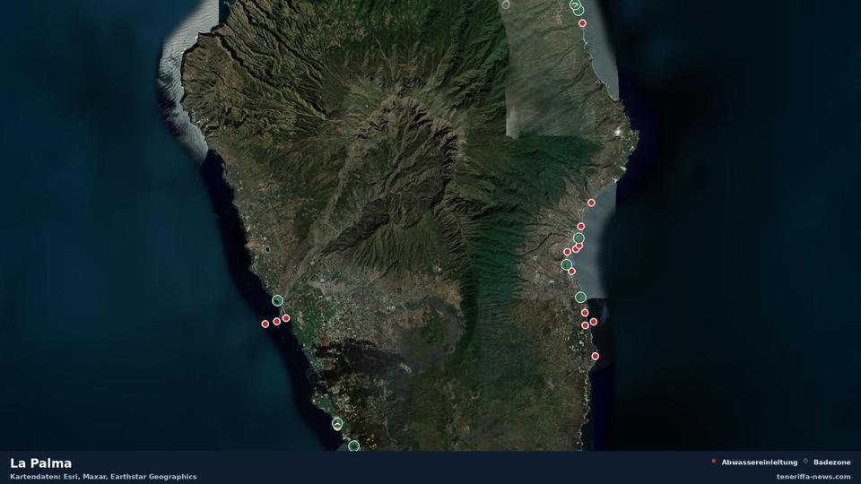 Mapa por satélite de La Palma con 8 zonas de baño oficiales y 17 vertidos de aguas residuales