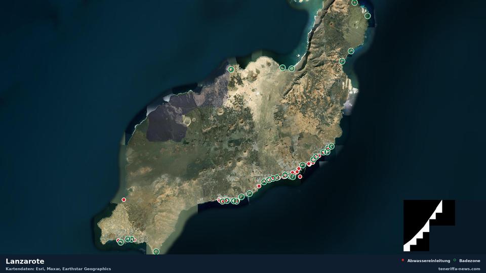 Mapa por satélite de Lanzarote con 31 zonas de baño oficiales y 36 vertidos de aguas residuales