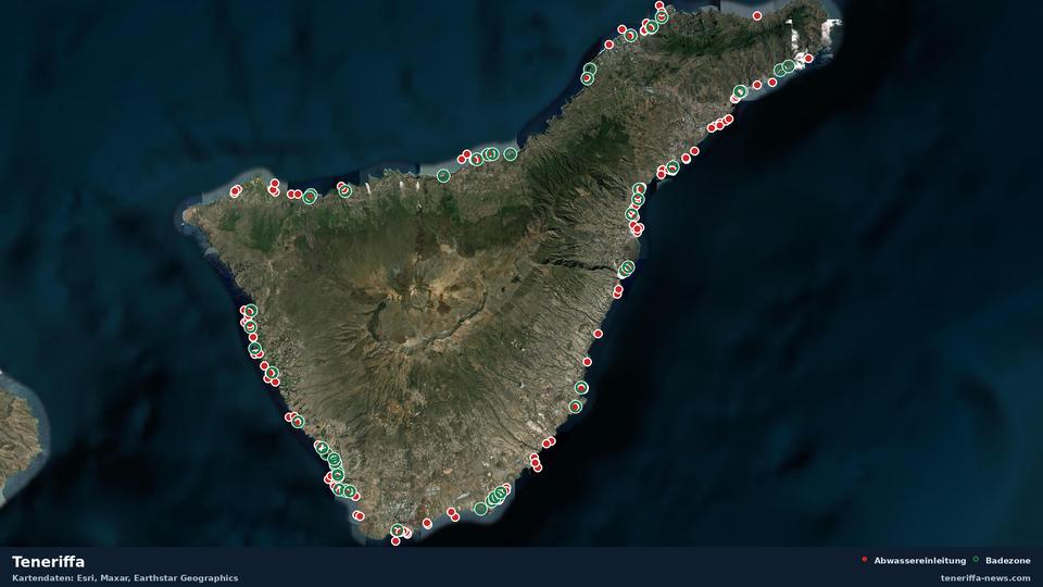 Satellitenkarte Teneriffa mit 49 amtlichen Badezonen und 180 Abwassereinleitungen