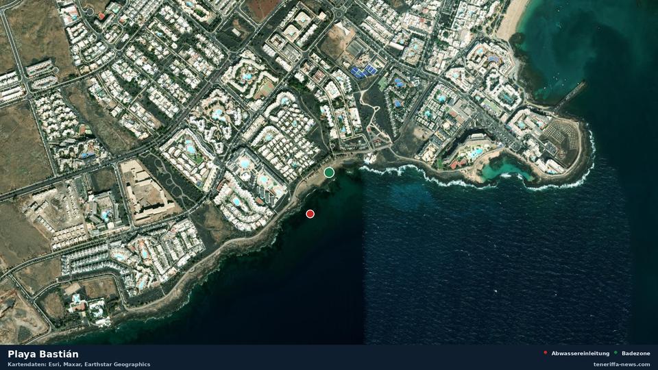 Satellite image of Playa Bastián in Teguise, with the position of the nearest wastewater outfall 172 metres away.