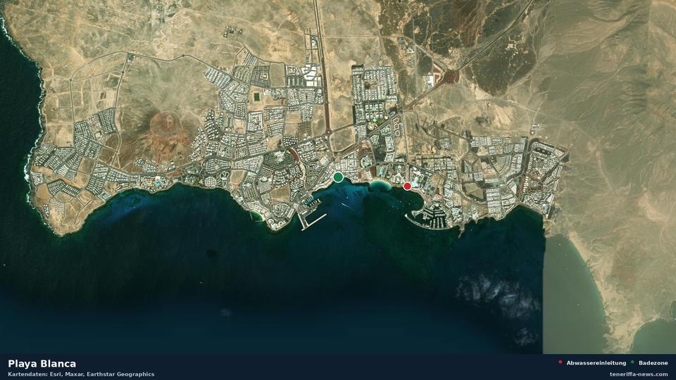 Satellitenbild der Playa Blanca in Yaiza, dazu die Lage der nächsten Abwassereinleitung in 1042 Metern.