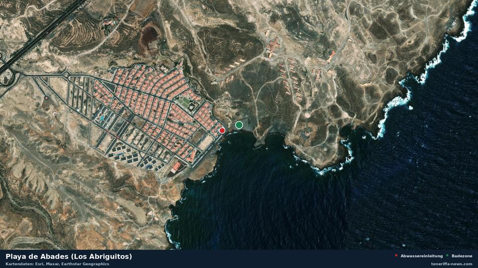 Satellite image of Playa de Abades (Los Abriguitos) in Arico, with the position of the nearest wastewater outfall 94 metres away.
