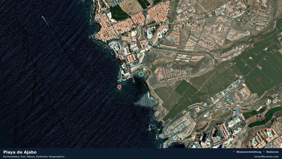Imagen por satélite de Playa de Ajabo en Adeje, con la ubicación del vertido de aguas residuales más cercano a 225 metros.