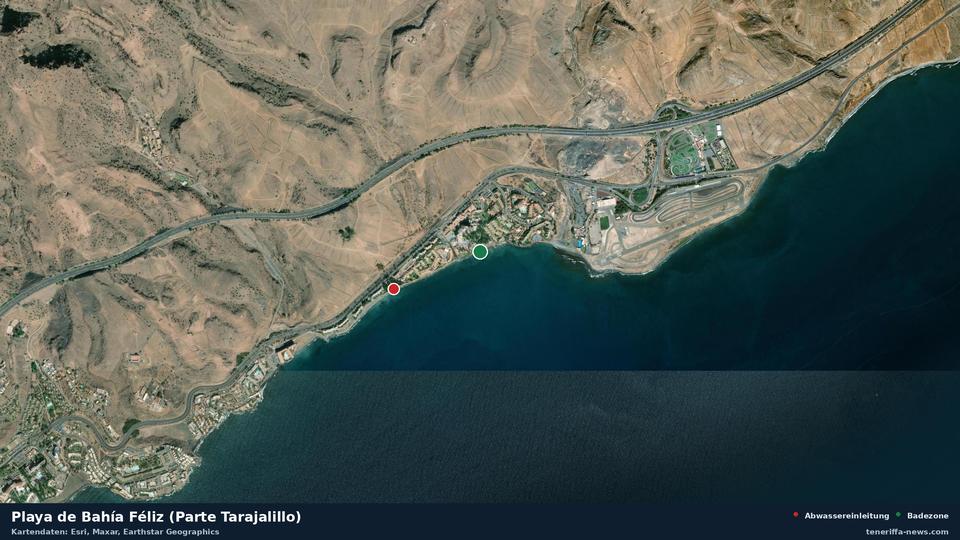 Satellite image of Playa de Bahía Féliz (Parte Tarajalillo) in San Bartolomé de Tirajana, with the position of the nearest wastewater outfall 496 metres away.