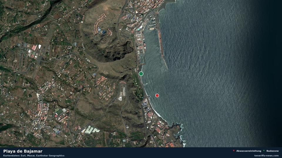 Satellitenbild der Playa de Bajamar in Breña Alta, dazu die Lage der nächsten Abwassereinleitung in 486 Metern.