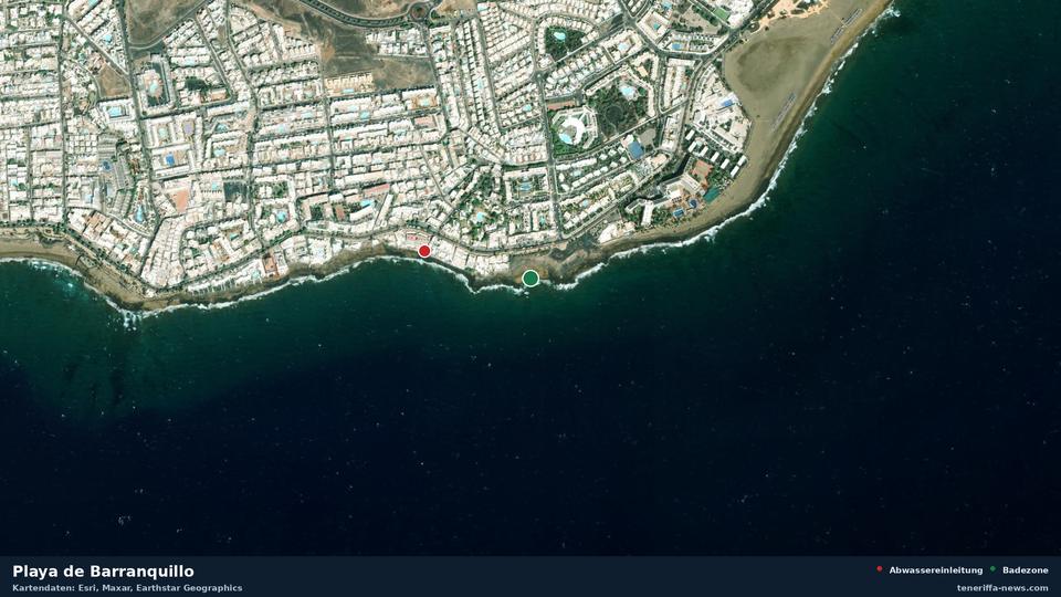 Satellitenbild der Playa de Barranquillo in Tías, dazu die Lage der nächsten Abwassereinleitung in 258 Metern.