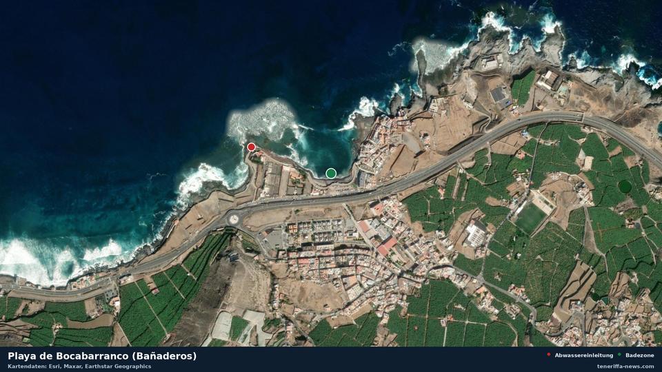 Imagen por satélite de Playa de Bocabarranco (Bañaderos) en Arucas, con la ubicación del vertido de aguas residuales más cercano a 319 metros.