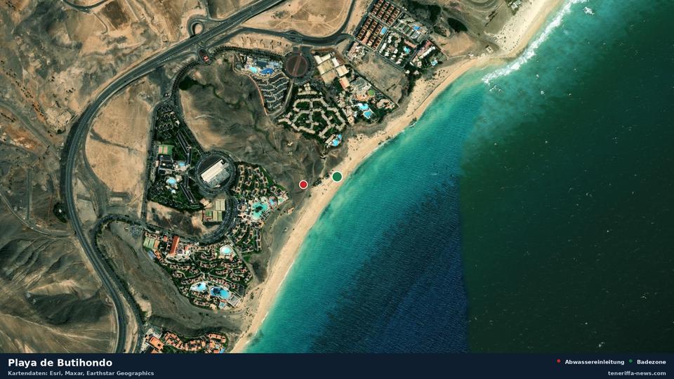 Satellite image of Playa de Butihondo in Pájara, with the position of the nearest wastewater outfall 129 metres away.