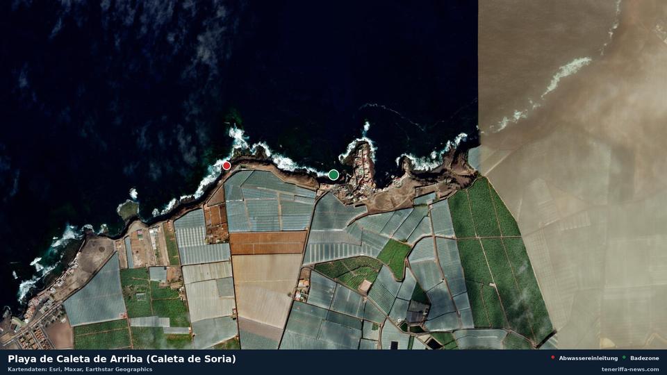 Imagen por satélite de Playa de Caleta de Arriba (Caleta de Soria) en Gáldar, con la ubicación del vertido de aguas residuales más cercano a 406 metros.