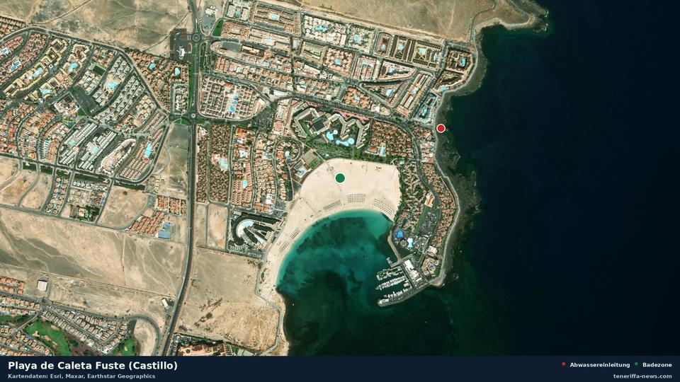 Imagen por satélite de Playa de Caleta Fuste (Castillo) en Antigua, con la ubicación del vertido de aguas residuales más cercano a 417 metros.