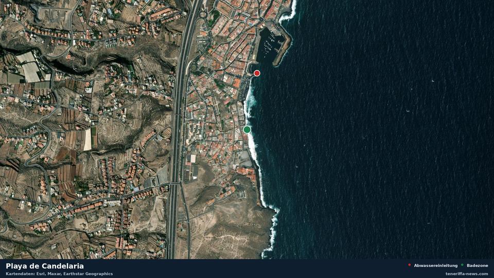 Imagen por satélite de Playa de Candelaria en Candelaria, con la ubicación del vertido de aguas residuales más cercano a 292 metros.