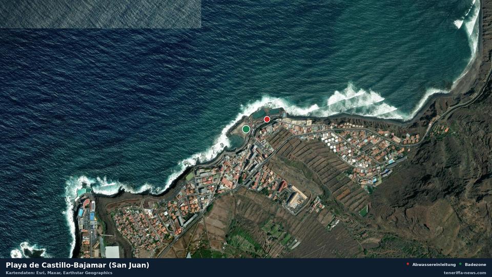 Satellite image of Playa de Castillo-Bajamar (San Juan) in San Cristóbal de La Laguna, with the position of the nearest wastewater outfall 119 metres away.