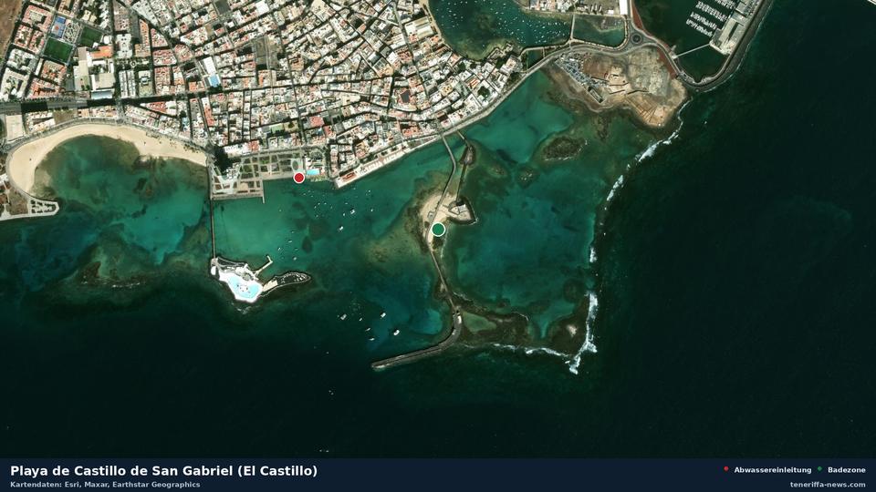 Imagen por satélite de Playa de Castillo de San Gabriel (El Castillo) en Arrecife, con la ubicación del vertido de aguas residuales más cercano a 424 metros.