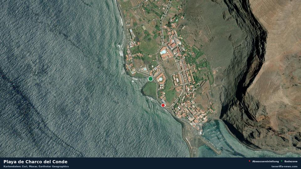 Satellite image of Playa de Charco del Conde in Valle Gran Rey, with the position of the nearest wastewater outfall 247 metres away.