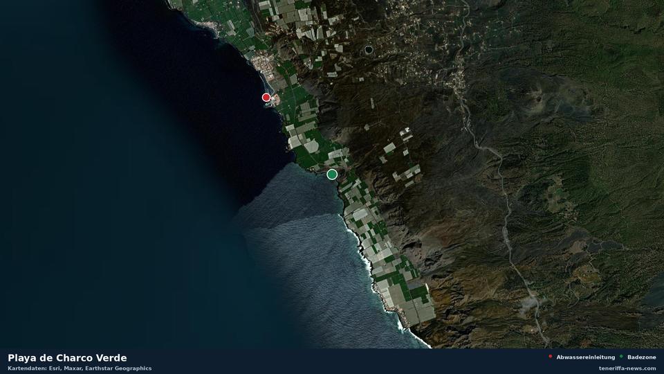 Satellitenbild der Playa de Charco Verde in Los Llanos de Aridane, dazu die Lage der nächsten Abwassereinleitung in 1532 Metern.