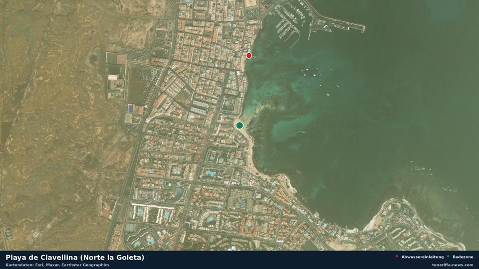 Satellitenbild der Playa de Clavellina (Norte la Goleta) in La Oliva, dazu die Lage der nächsten Abwassereinleitung in 370 Metern.