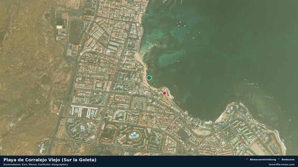 Satellite image of Playa de Corralejo Viejo (Sur la Goleta) in La Oliva, with the position of the nearest wastewater outfall 184 metres away.