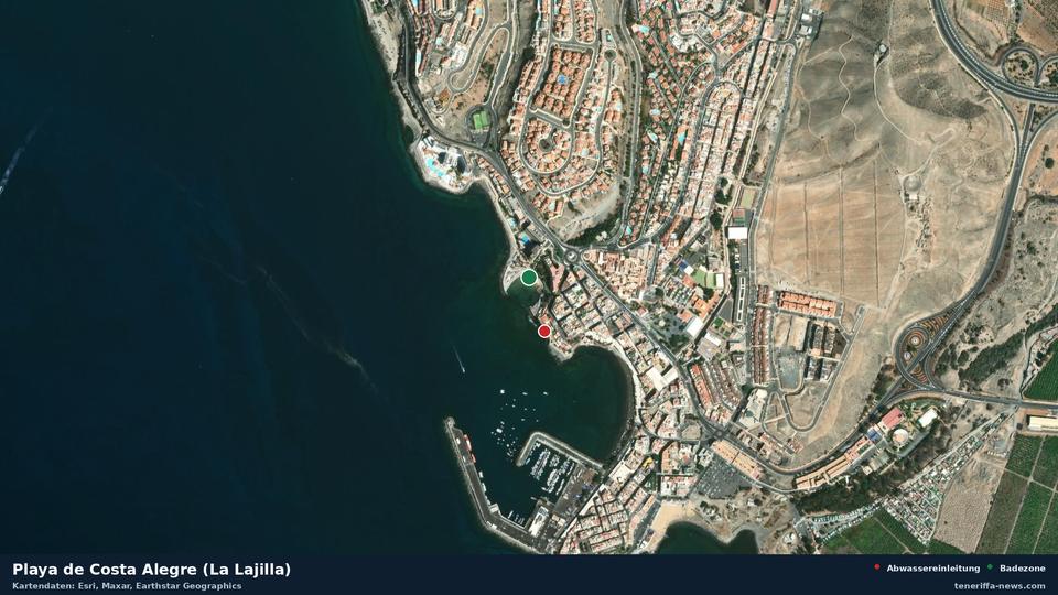 Satellite image of Playa de Costa Alegre (La Lajilla) in Mogán, with the position of the nearest wastewater outfall 135 metres away.