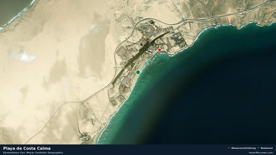 Satellite image of Playa de Costa Calma in Pájara, with the position of the nearest wastewater outfall 1133 metres away.