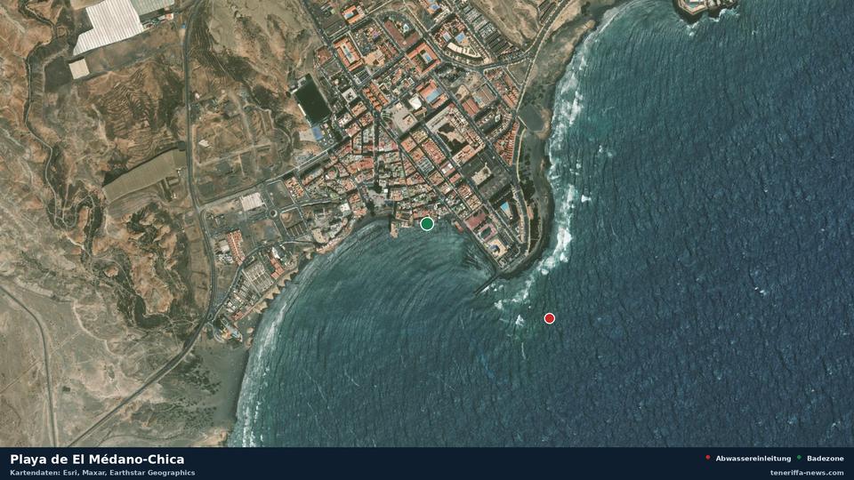 Imagen por satélite de Playa de El Médano-Chica en Granadilla de Abona, con la ubicación del vertido de aguas residuales más cercano a 459 metros.