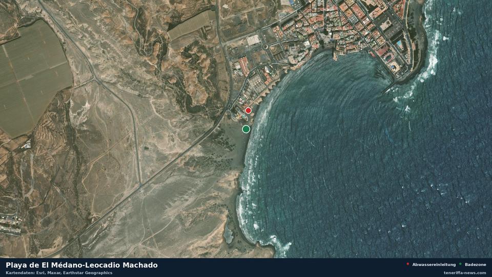 Satellite image of Playa de El Médano-Leocadio Machado in Granadilla de Abona, with the position of the nearest wastewater outfall 97 metres away.