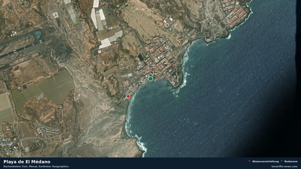Satellite image of Playa de El Médano in Granadilla de Abona, with the position of the nearest wastewater outfall 476 metres away.