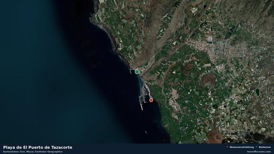 Satellite image of Playa de El Puerto de Tazacorte in Tazacorte, with the position of the nearest wastewater outfall 1167 metres away.