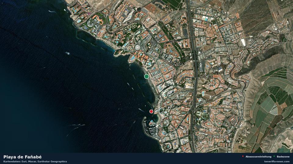 Satellitenbild der Playa de Fañabé in Adeje, dazu die Lage der nächsten Abwassereinleitung in 612 Metern.