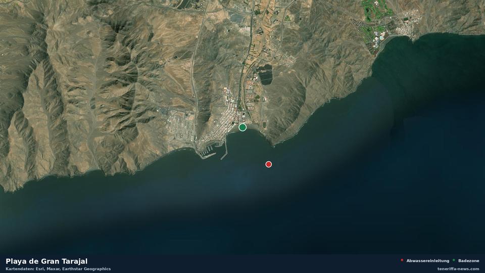 Satellitenbild der Playa de Gran Tarajal in Tuineje, dazu die Lage der nächsten Abwassereinleitung in 945 Metern.