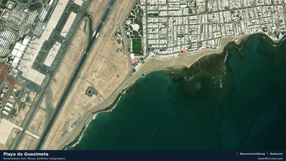 Satellitenbild der Playa de Guasimeta in San Bartolomé, dazu die Lage der nächsten Abwassereinleitung in 399 Metern.