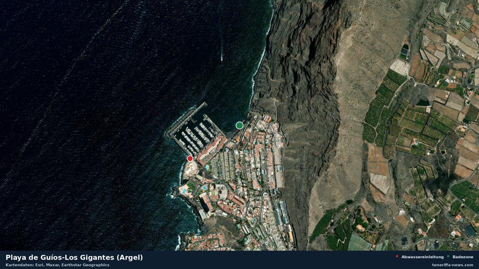 Satellitenbild der Playa de Guíos-Los Gigantes (Argel) in Santiago del Teide, dazu die Lage der nächsten Abwassereinleitung in 314 Metern.