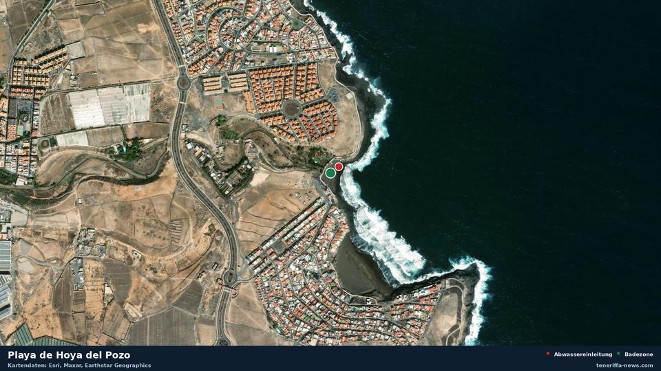 Satellite image of Playa de Hoya del Pozo in Telde, with the position of the nearest wastewater outfall 40 metres away.