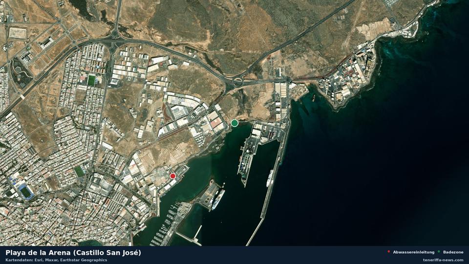 Imagen por satélite de Playa de la Arena (Castillo San José) en Arrecife, con la ubicación del vertido de aguas residuales más cercano a 868 metros.