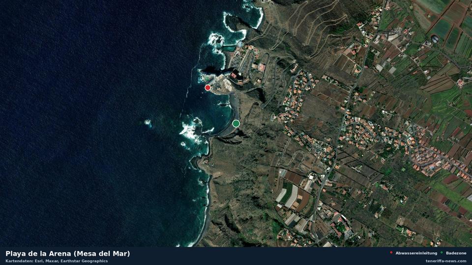 Satellitenbild der Playa de la Arena (Mesa del Mar) in Tacoronte, dazu die Lage der nächsten Abwassereinleitung in 243 Metern.
