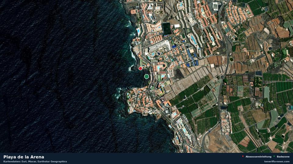 Satellite image of Playa de la Arena in Santiago del Teide, with the position of the nearest wastewater outfall 87 metres away.