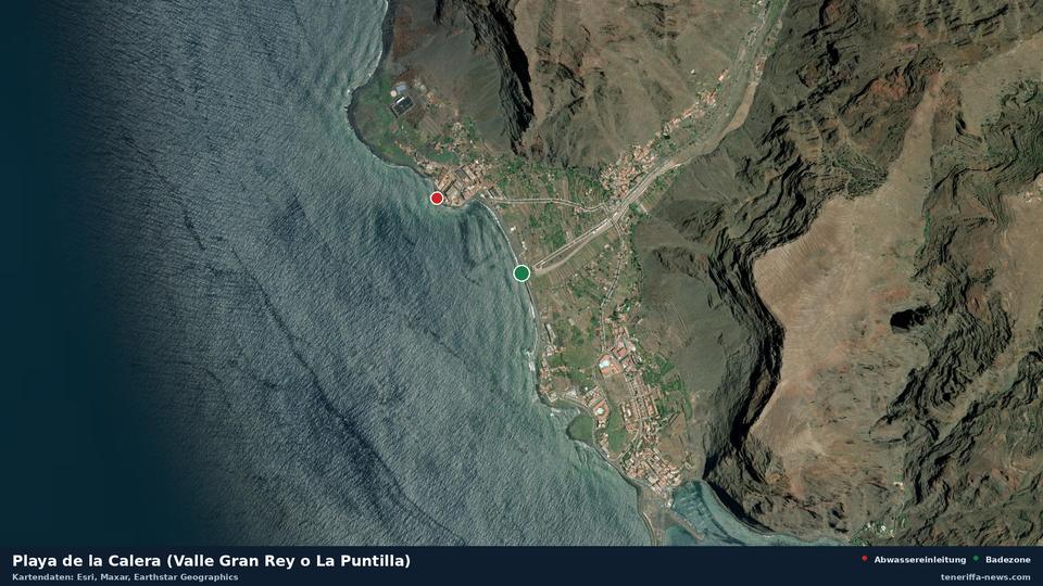 Imagen por satélite de Playa de la Calera (Valle Gran Rey o La Puntilla) en Valle Gran Rey, con la ubicación del vertido de aguas residuales más cercano a 548 metros.
