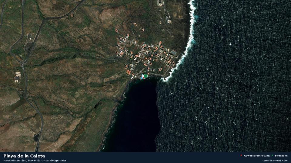 Satellite image of Playa de la Caleta in Valverde, with the position of the nearest wastewater outfall 13 metres away.