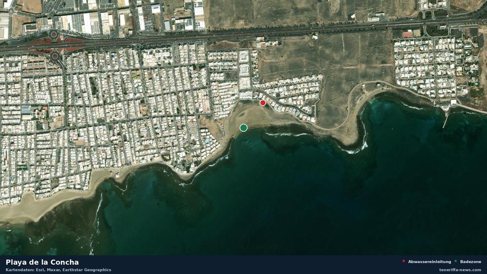 Satellite image of Playa de la Concha in Arrecife, with the position of the nearest wastewater outfall 162 metres away.