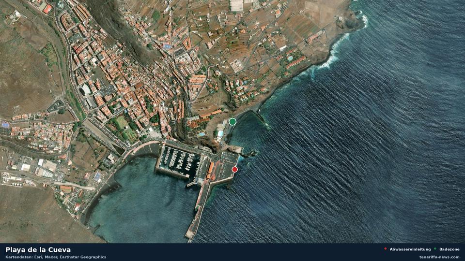 Imagen por satélite de Playa de la Cueva en San Sebastián de la Gomera, con la ubicación del vertido de aguas residuales más cercano a 260 metros.